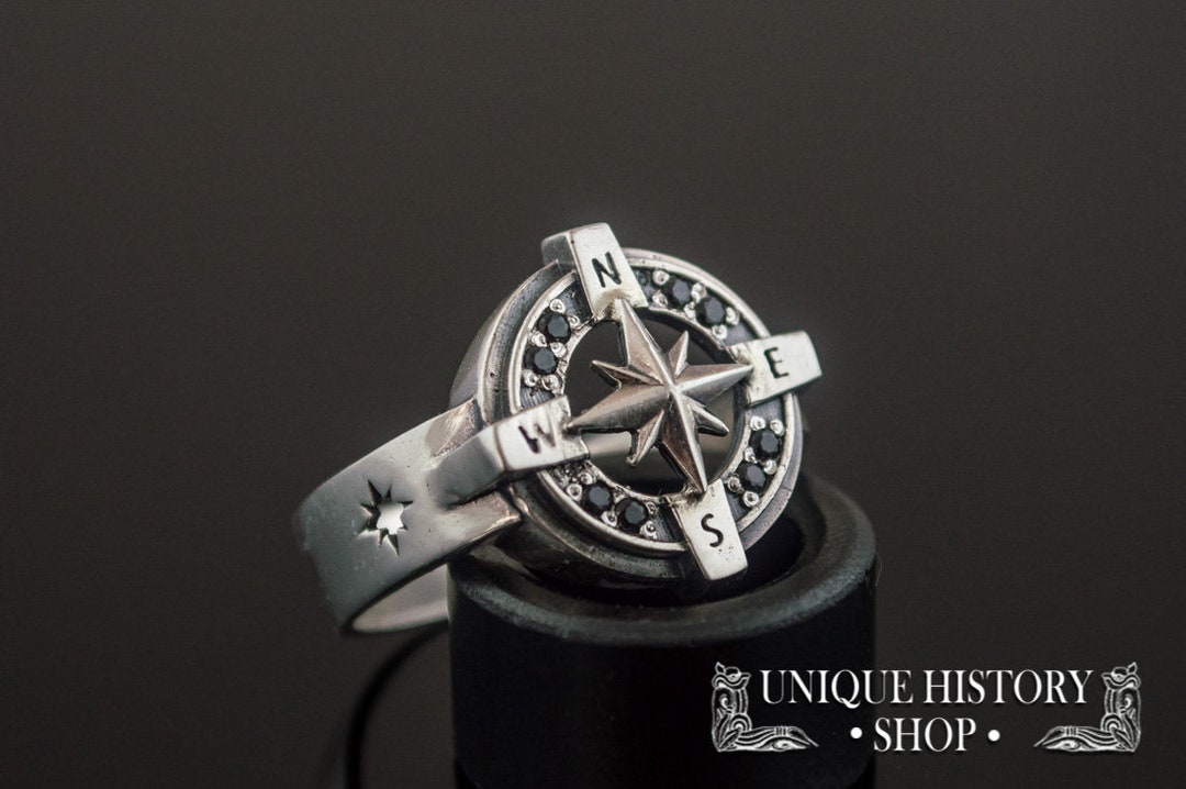 Silver Compass Ring Windrose Jewelry With North Star Symbol and Cubic