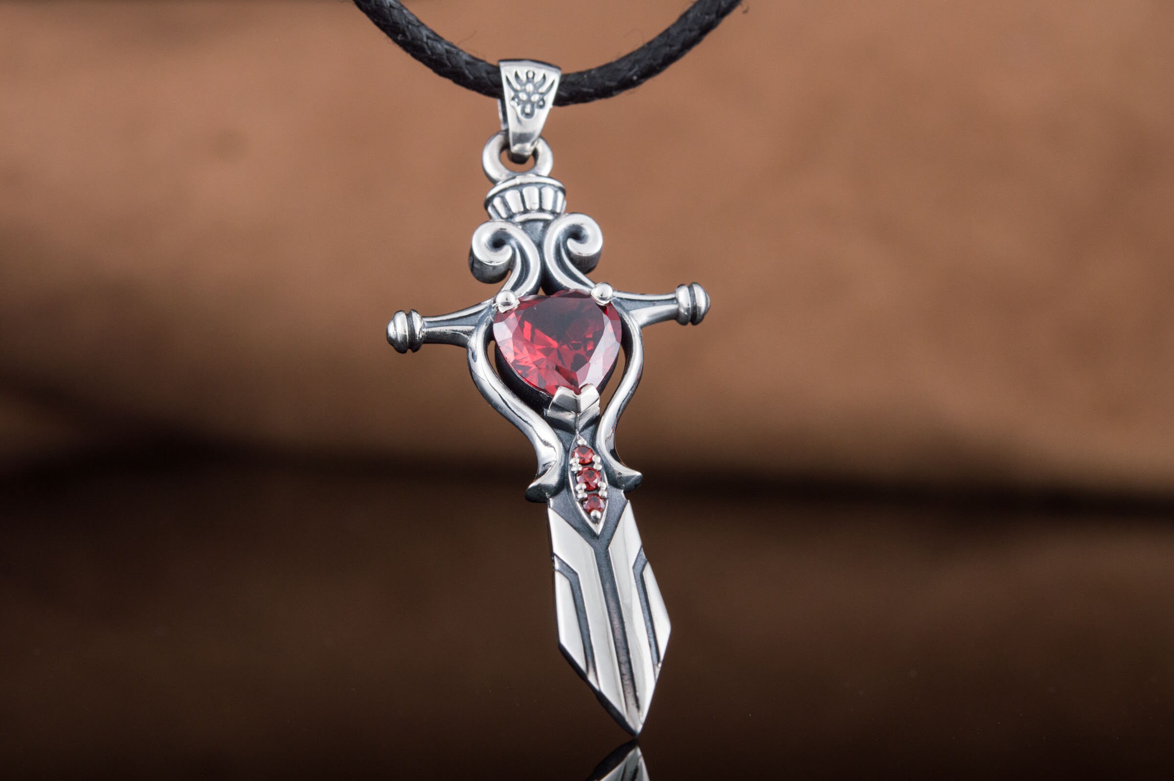 Dagger Necklace With Red Gem Sword With Heart Necklace 925 Etsy