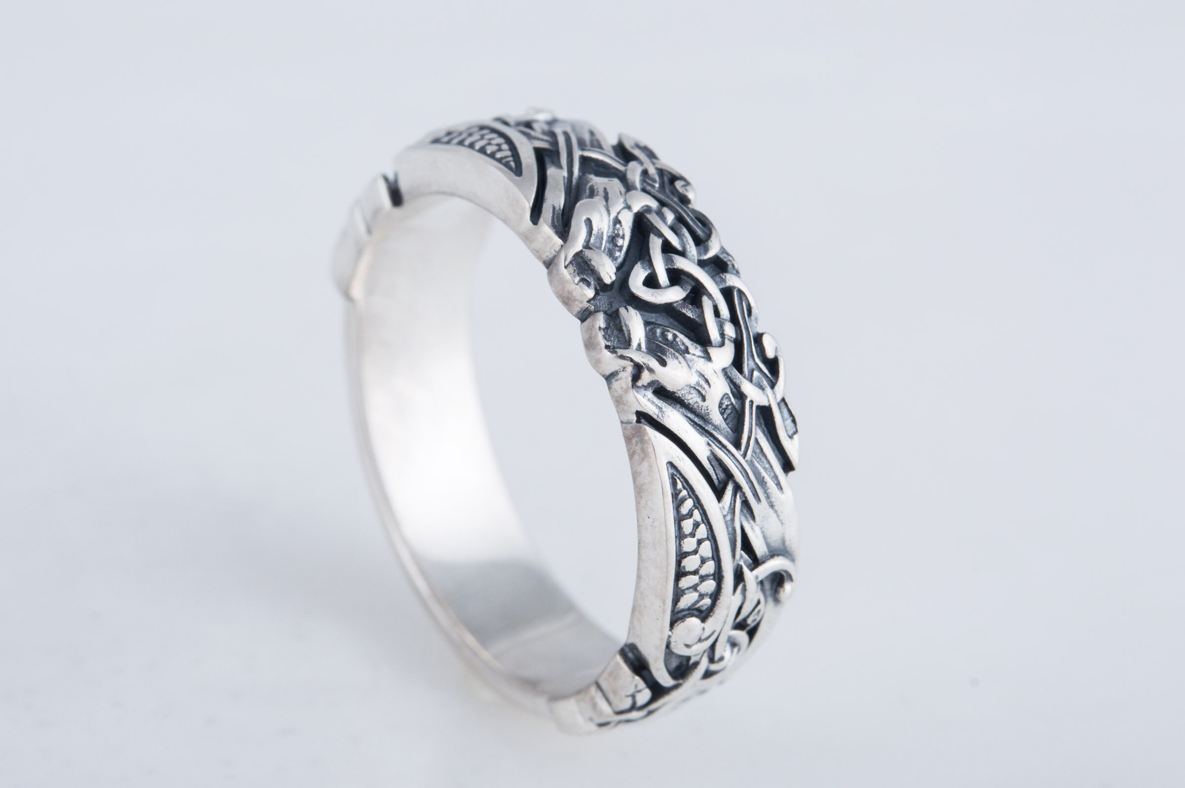 Viking Ravens Wedding Band, Norse Ring With Gem Option