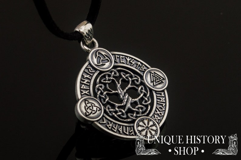 Yggdrasil Pendant Viking Jewelry with Elder Futhark Runes, Valknut, Odin Horn, Triquetra and Helm of Awe Symbol Norse Tree of Life Amulet image 2