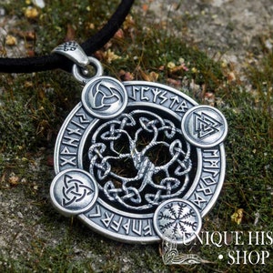 Yggdrasil Pendant Viking Jewelry with Elder Futhark Runes, Valknut, Odin Horn, Triquetra and Helm of Awe Symbol Norse Tree of Life Amulet image 8