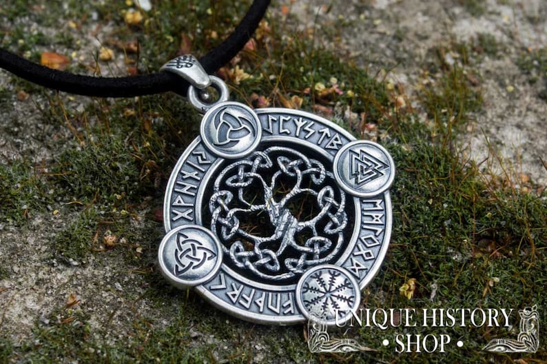 Yggdrasil Pendant Viking Jewelry with Elder Futhark Runes, Valknut, Odin Horn, Triquetra and Helm of Awe Symbol Norse Tree of Life Amulet image 8