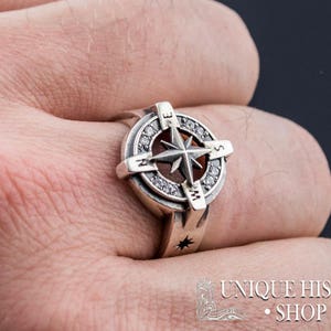 Compass Ring With Cubic Zirconia, Handcrafted 925 Silver Sailor's Ring ...