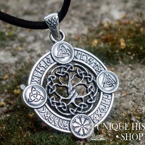 Yggdrasil Pendant Viking Jewelry with Elder Futhark Runes, Valknut, Odin Horn, Triquetra and Helm of Awe Symbol Norse Tree of Life Amulet image 9