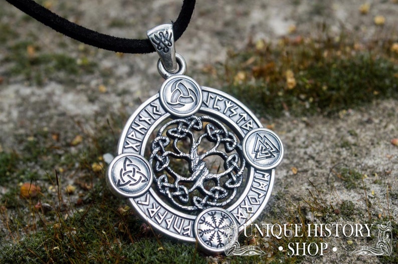 Yggdrasil Pendant Viking Jewelry with Elder Futhark Runes, Valknut, Odin Horn, Triquetra and Helm of Awe Symbol Norse Tree of Life Amulet image 9