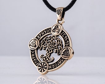 Yggdrasil Bronze Pendant, Tree of Life Protection Amulet with Viking Runes Symbols - Norse Pagan Jewelry, Viking Style, Wedding Gift For Men