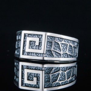 Greek Key Ring - Silver Boho Men&#39;s Pinky Ring with Meander Pattern Handmade Ancient Greek Style Jewelry featuring Classic Meander Design