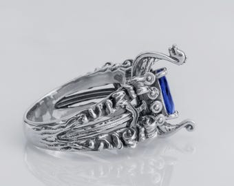 TEST / Silver Viking longship ring, blue gemstone men’s ring, statement Viking wedding band, unique Scandinavian jewelry, gift for him