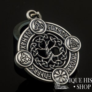 Yggdrasil Pendant Viking Jewelry with Elder Futhark Runes, Valknut, Odin Horn, Triquetra and Helm of Awe Symbol Norse Tree of Life Amulet image 6