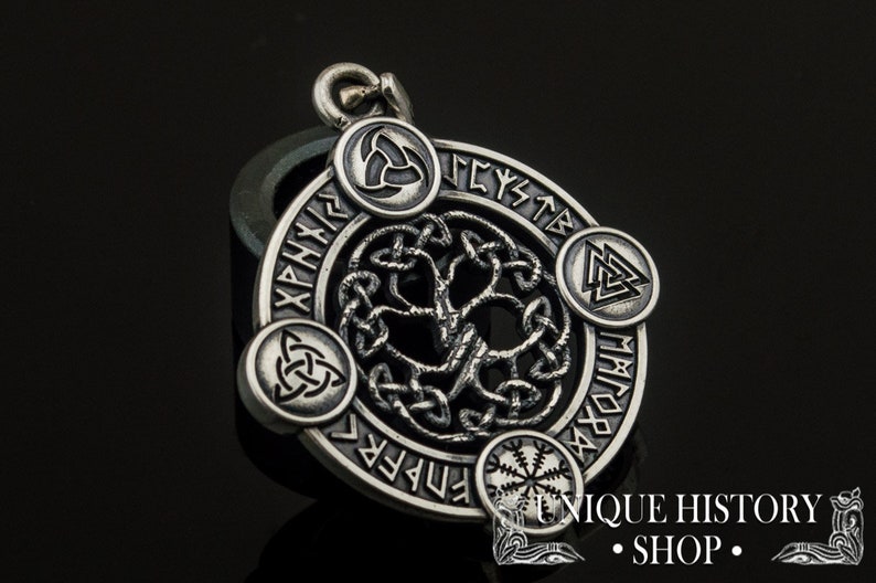 Yggdrasil Pendant Viking Jewelry with Elder Futhark Runes, Valknut, Odin Horn, Triquetra and Helm of Awe Symbol Norse Tree of Life Amulet image 6