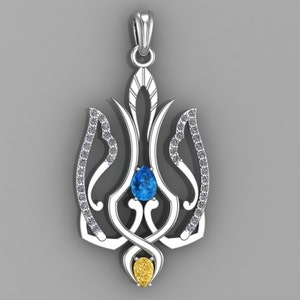 Pendant Ukrainian Trident Pendant with Blue and Yellow gems (Topaz and Citrine), Made in Ukraine Jewelry