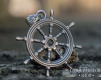 Ship Wheel Pendant - Silver Boat Wheel Necklace for Mariners Handcrafted Mens Nautical Jewelry featuring Steering Wheel Symbol