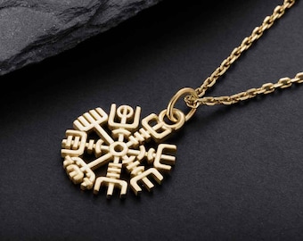 Gold Vegvisir symbol pendant necklace, Norse runic compass pendant, unique Scandinavian jewelry, Christmas gift him, brother gift