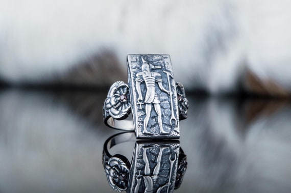 Silver Anubis Ring - Ancient Egypt Inspired Jewelry Handcrafted Historical Signet Ring with Anubis God Design and Red Swarovski Gems