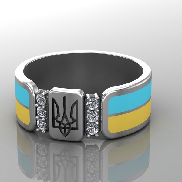 Ukrainian Tryzub Ring - Silver Patriotic Jewelry with National Trident Symbol and Flag Smooth Design Inspired by Ukraine's Heritage