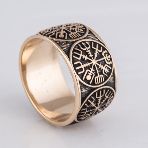Bronze Vegvisir Ring - Viking Runic Compass Band with Scandinavian Symbol, Norse Jewelry with Historical Meaning