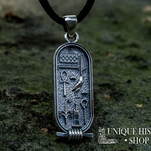 May include: Silver pendant necklace with an Egyptian scarab design. The pendant features a winged scarab beetle, an ankh symbol, and other hieroglyphs. The pendant is on a black cord.