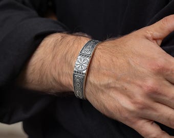 Unique sterling silver Vegvisir bracelet, custom Helm of Awe Viking bracelet, men Nordic jewelry, warrior bracelet, Christmas gift him
