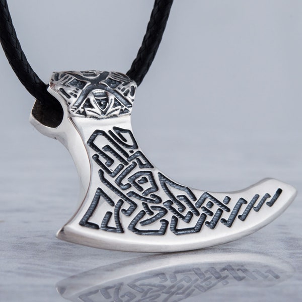 Viking Axe Necklace - Silver Weapon Pendant with Scandinavian Ornament Handcrafted Authentic Old Norse Jewelry for Men and Women