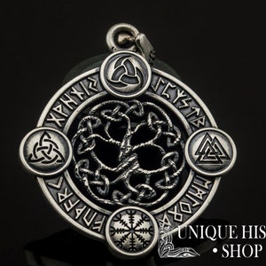 Yggdrasil Pendant Viking Jewelry with Elder Futhark Runes, Valknut, Odin Horn, Triquetra and Helm of Awe Symbol Norse Tree of Life Amulet image 7