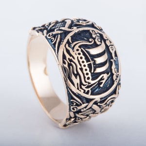 Viking Ship Ring - Bronze Old Norse Jewelry with Mammen Style Pattern Handmade Drakkar Longship Ring with Nordic Heritage