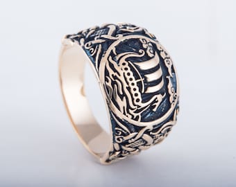 Viking Ship Ring - Bronze Old Norse Jewelry with Mammen Style Pattern Handmade Drakkar Longship Ring with Nordic Heritage