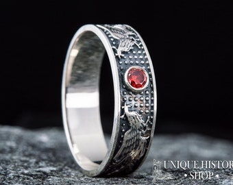 Phoenix Bird Ring - Silver Animal Jewelry with Firebird Symbol and Red Gem Handcrafted Fantasy Ring Featuring Intricate Bird Pattern Design