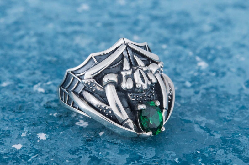 Spider with Green CZ Gem 925 silver spider ring Etsy