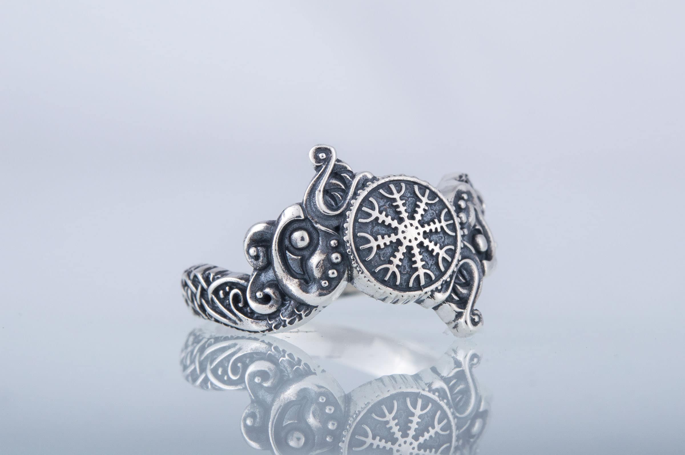 Helm of Awe Ring, Norse Wolf Ornament Band, Silver Nordic