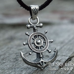 Silver Anchor Necklace - Nautical Jewelry for Sailors and Pirates with Ship Wheel Symbol Handcrafted Marine Pendant