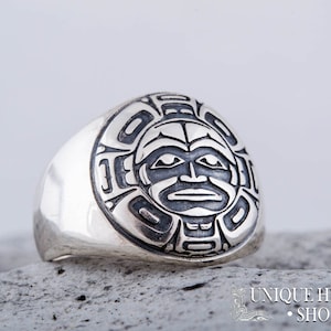 Silver Aztec Ring - Ethnic Signet Reflecting Ancient Mayan Tribal Traditions Handcrafted Bohemian Jewelry Inspired by Mexican Culture