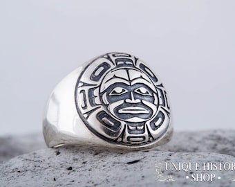 Silver Aztec Ring - Ethnic Signet Reflecting Ancient Mayan Tribal Traditions Handcrafted Bohemian Jewelry Inspired by Mexican Culture