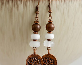 ONLY ONE | Lotus Flower Copper Earrings | Quartz Howlite Dangle Earrings | Long Metal Charm Earrings | Original Bohemian Ethnic Earrings