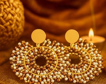 Bohemian Handwoven Glass Beads Earrings | Handmade Beaded Charms | 48mm | Artisanal Earrings | Handcrafted Original | Stainless Steel Studs