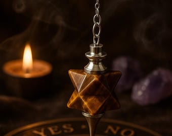 TIGERS EYE Merkaba Star Pendulum | Dowsing Pendulum Pendant | 44x17mm | 23.5cm long chain with clasp | Gemstone Crystal Divining Pendulum