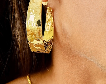 Hammered Gold Stud Hoops | 18k Gold | Large Half Hoop | C Shape Open Hoops | 40mm | 10mm Thick Wide | Boho Original Statement Earrings