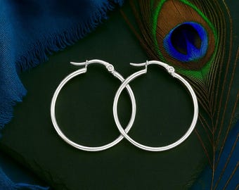 30mm Shiny Silver Hoop Earrings | Hypoallergenic Stainless Steel Silver Plated Earrings | Bohemian Hoops