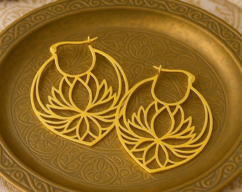 Lotus Flower Earrings | Large Hoop Earrings | Stainless Steel Laser Cut Earrings | Gold or Silver Metal Earrings | Original Boho Jewelry