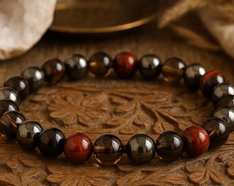 Red Tiger Eye Hematite Smoky Quartz Bracelet | PROTECTION/GROUNDING/VITALITY | Gemstone Stretchy Bracelet | Unisex Crystal Healing Bracelet