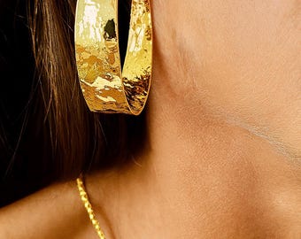 Hammered Gold Stud Hoops | 18k Gold | Large Half Hoop | C Shape Open Hoops | 40mm | 10mm Thick Wide | Boho Original Statement Earrings