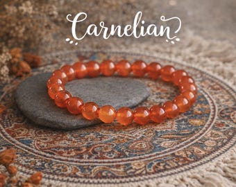 Dark Orange Carnelian Bracelet | COURAGE GROUNDING FEAR Jealousy Sadness Apathy | Root Sacral Chakras| Boho Natural  Gemstone Bracelet | 8mm