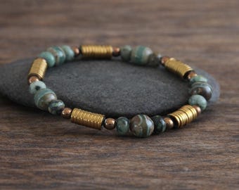 Ethnic Bracelet | African Turquoise and Dzi beads | EVOLUTION | NEW PERCEPTION | Stretchy Gemstone Bracelet | Organic Natural Jewelry