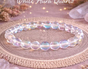 White Aura Quartz Bracelets | Stretchy Gemstone Bracelet | Stacking Crystal Bracelets | 8mm