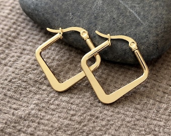 Square Flat Edge Hoops | 25mm | Hypoallergenic Stainless Steel Earrings | 18k Gold | Wide Side | Boho Ethnic Tribal Original Earrings