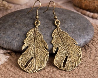 Feather Earrings | Antique Bronze | Hammered Bronze Dangle Earrings | Leaf Earrings | Original Metal Earrings- | Bohemian Tribal Jewellery