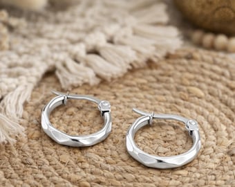 Small Stainless Steel Hoops | 15mm | Hammered Side Hoops | Huggies | Hypoallergenic Stainless Steel | Boho Ethnic Tribal Original Earrings