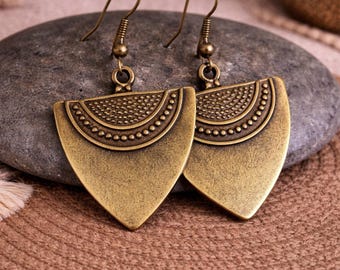 Original Bronze Earrings | Antique Bronze Earrings | Large Triangle Metal Charm Earrings | Rustic Boho Ethnic Jewelry |  Statement Earrings