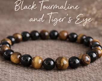 Tiger Eye Black Tourmaline Bracelet | PROTECTION/STRESS/GROUNDING/Blocks Negativity | Gemstone Stretchy Bracelet | Crystal Bracelet | Unisex