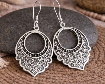 Ethnic Silver Earrings | Antique Silver | Embossed Metal Dangle Earrings | Rustic Earrings | Original Handmade Yoga Bohemian Jewelry