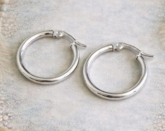 20mm Small Silver Hoop Earrings | Hypoallergenic Stainless Steel Earrings | Silver Hoops | Bohemian Chic Ethnic Tribal Modern Earrings